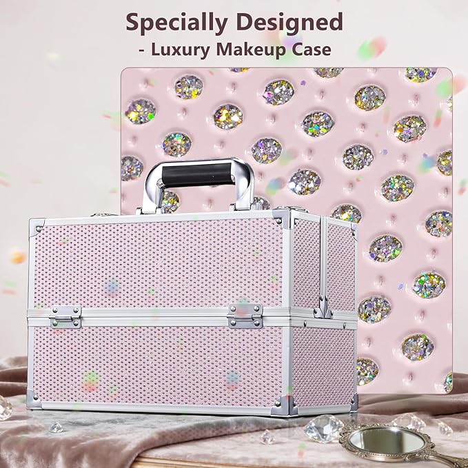 Stagiant 12.6 Inch Large Makeup Train Case, Professional 4 Trays Cosmetic Cases Makeup Storage Organizer Box Beauty Make Up Box with Lock&Adjustable Compartments for Nail, Accessories, Skincare, Pink
