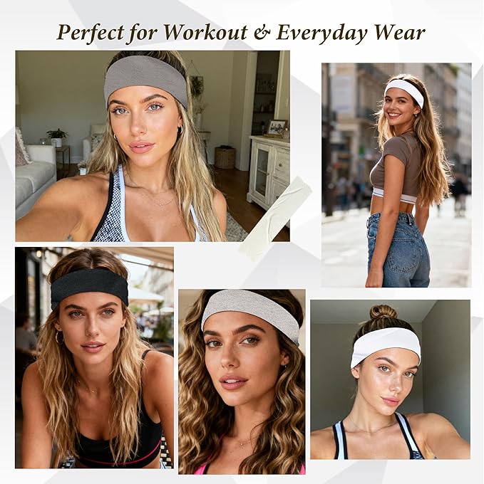 Headbands for Women Non-Slip Workout Hair Bands, 6 Pack Stretchy Athletic Soft Sweatbands, Elastic Cloth Fabric Headband, Fashion Head Bands for Yoga Running Sports Gym Sports Exercise