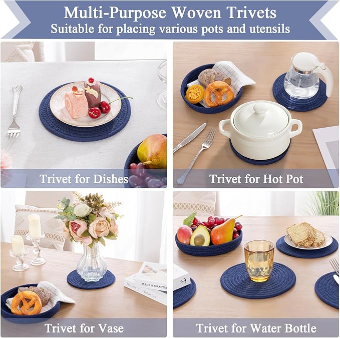 SHACOS 8 Inches Trivets for Hot Dishes, 4 Pieces Cotton Trivets Mats for Kitchen with Storage Basket, Hot Pads for Countertops and Table, Heat-Resistant Pot Holders for Hot Pots and Pans, Navy Blue