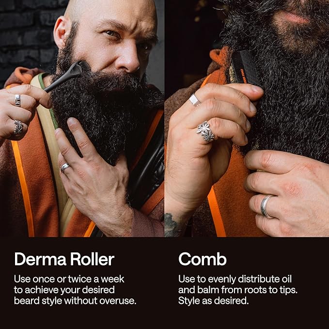 Beard Growth Kit for Men – with Beard Oil, Derma Roller for Hair Growth, Biotin Balm & Comb – Mustache Shaper & Straightener – Mens Care Grooming Kits, Beard Softener, Just for Men Gift Set