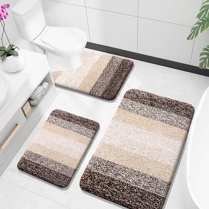 OLANLY Bathroom Rugs Sets 3 Piece, Soft Absorbent Microfiber Bath Mats and U-Shaped Contour Toilet Rug, Plush Shaggy Bath Mat Set for Bathroom (36"x24"+24"x16"+24"x20", Brown)