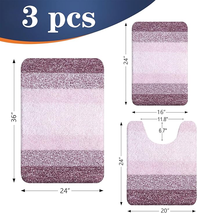 OLANLY Bathroom Rugs Sets 3 Piece, Soft Absorbent Microfiber Bath Mats and U-Shaped Contour Toilet Rug, Plush Shaggy Bath Mat Set for Bathroom (36"x24"+24"x16"+24"x20", Mauve)
