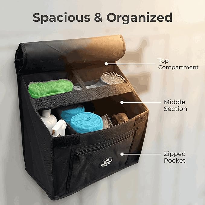 TGW RIDING Stall Front Organizer Bag, Black, Multi-Compartment Storage, Horse Grooming Supply Holder with Top Loading Design