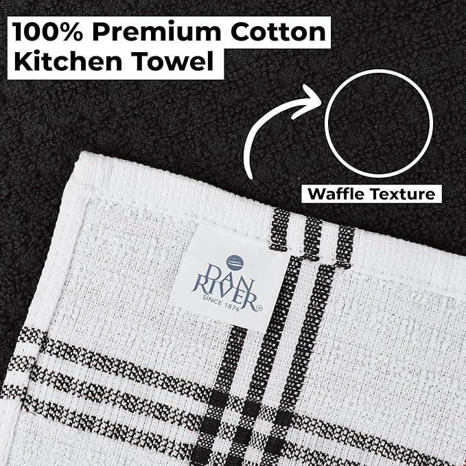 DAN RIVER Premium Kitchen Towels - [Pack of 12] 100% Cotton (16x 26 Inches) -Super Soft,Highly Absorbent, Quick Dry, Dish Towels for Kitchen Towels -Black
