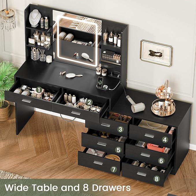 Quimoo Vanity Desk with LED Lighted Mirror & Power Outlet, Modern Corner Makeup Vanity Table with 8 Drawers & Open Shelves, Dressing Table for Bedroom, Makeup Room, Black