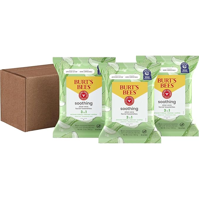 Burt's Bees Aloe Vera Face Wipes, for Sensitive Skin, Soothing Makeup Remover & Facial Cleansing Towelettes, 30 Ct. (18-Pack)