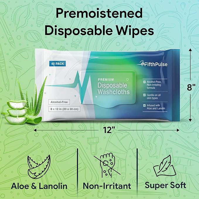 Disposable Body Wipes For Adults 80 Count (2 x 40 Packs) - Premoistened Washcloths For Elderly Bathing Infused With Aloe and Lanolin -Alcohol-Free Adult Wet Wipes, Extra Large 8” x 12” Wash Cloth