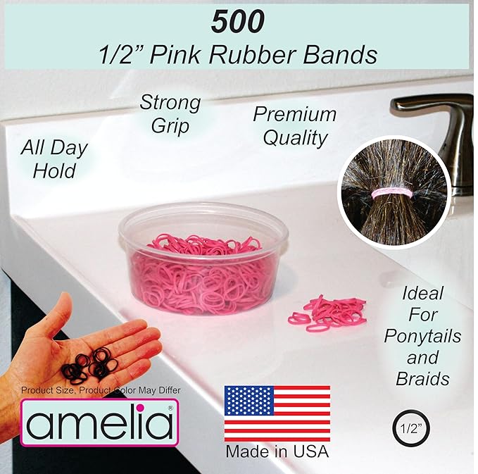 Amelia Beauty 500 Count Small Rubber Bands for Hair – ½" Pink - Made in USA - Recloseable Container - Mini Hair Elastics for Braids, Ponytails, Cornrows & Twists – Strong Hold Ponytail Holders
