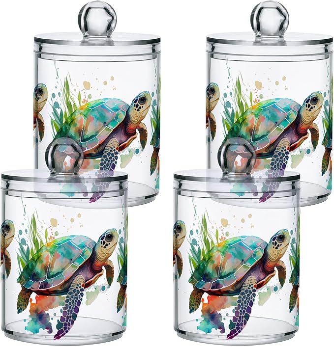 2 Pack Qtip Holder Dispenser for Cotton Ball Turtle Watercolor Cotton Swab Round Pads Clear Plastic Acrylic Jar Set Bathroom Canister