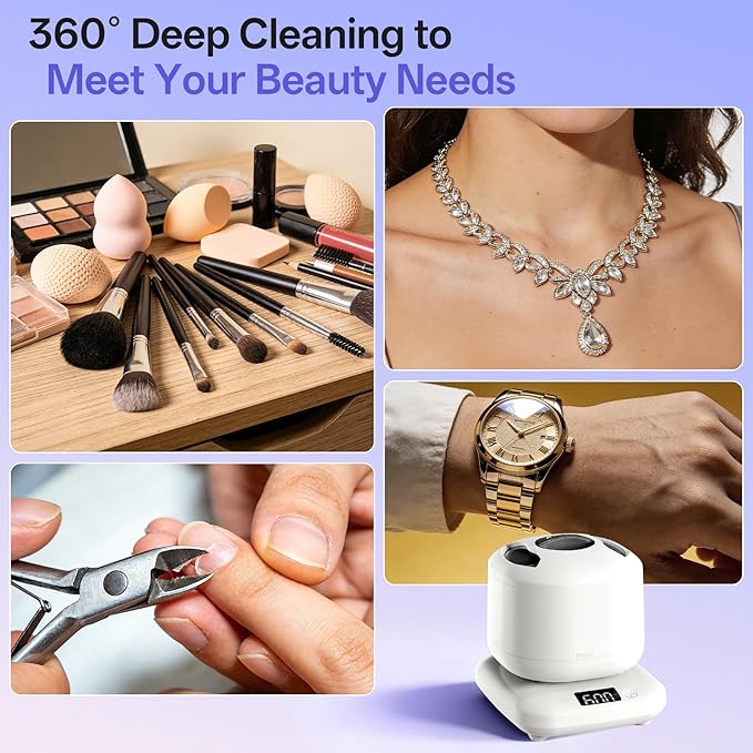 Ultrasonic Jewelry Cleaner with Detachable Tank – 42kHz Deep Cleaning for Rings, Necklaces, Makeup Brushes,4 Modes with U-V, Quiet Operation, IPX7 Waterproof – Also Ideal for Retainers & Dentures