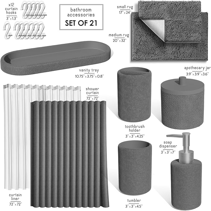 Clara Clark Grey Bathroom Set - Bathroom Sets with Shower Curtain and Rugs, 21PC Bathroom Accessory Set, Shower Curtain Set with Soap Dispenser & Toothbrush Holder