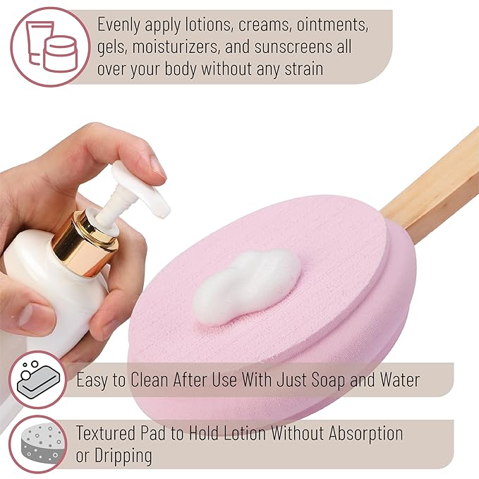 Slick- Lotion Applicator with 3 Extra Pads, 17 Inch, Pink, Back Applicator Lotion, Certified Organic, Easy Reach Washable, Self Tanner for All Skin Tone