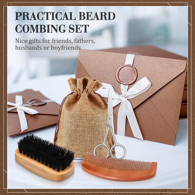 Zubebe 20 Sets Beard Brush and Comb Set for Men, Boar Bristle Brush, Wood Mustache Comb and Beard Trimming Scissors with Travel Pouch, Beard and Mustache Grooming Kit for Beard Care Valentine GIft