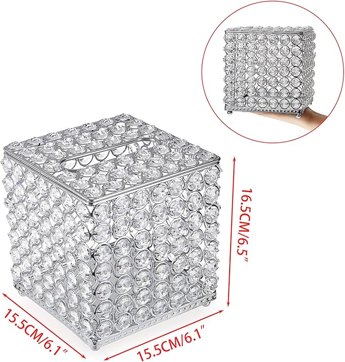 Sumnacon Crystal Square Tissue Box Cover - Decorative Tissue Box Holder, Sparkling Cube Tissue Holder for Bathroom Dresser Night Stand Table Car Store Office Home Decor, Silver