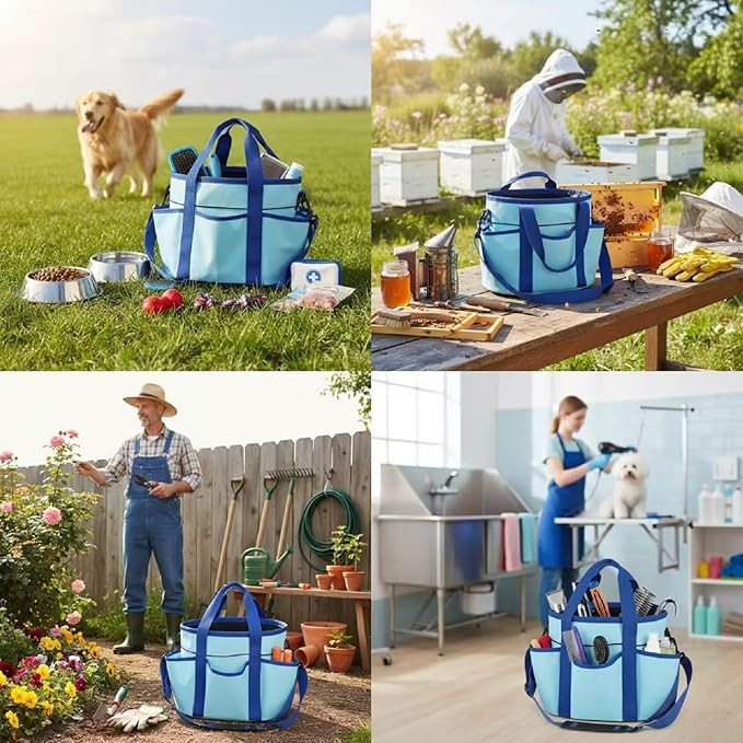 Abbylike Grooming Tote Bag for Horses and Dogs Organize Tack Tools Equestrian Grooming Kit Care Portable with Multiple Pockets for Supplies(Stylish,10.63 x 10.63 x 9.45 Inch,Blue)