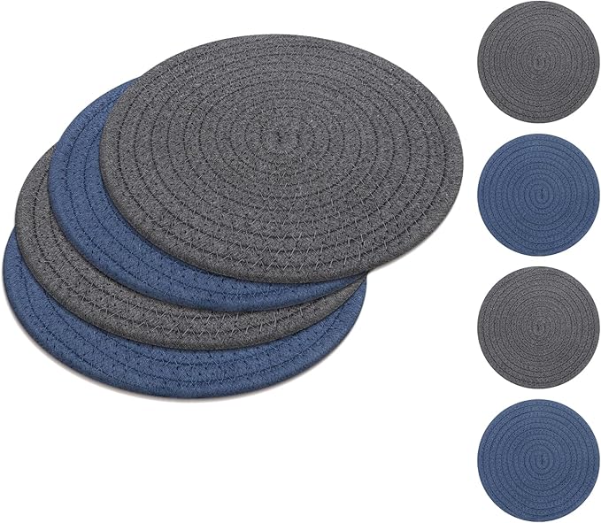 SHACOS 8 Inch Trivets for Hot Dishes, 4 Pcs Cotton Trivets Mats for Kitchen, Hot Pads for Countertops and Table, Heat-Resistant Pot Holders for Hot Pots and Pans(Blue+Dark Grey)