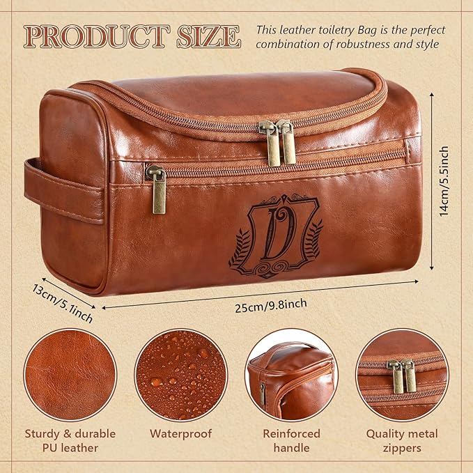 Sadnyy Personalized Leather Toiletry Bag for Men Initial Travel Bag with Hook Monogrammed Toiletry Pouch Leather Travel Bathroom Kit with Side Handle for Him Dad Husband Anniversary Birthday Gifts(D)