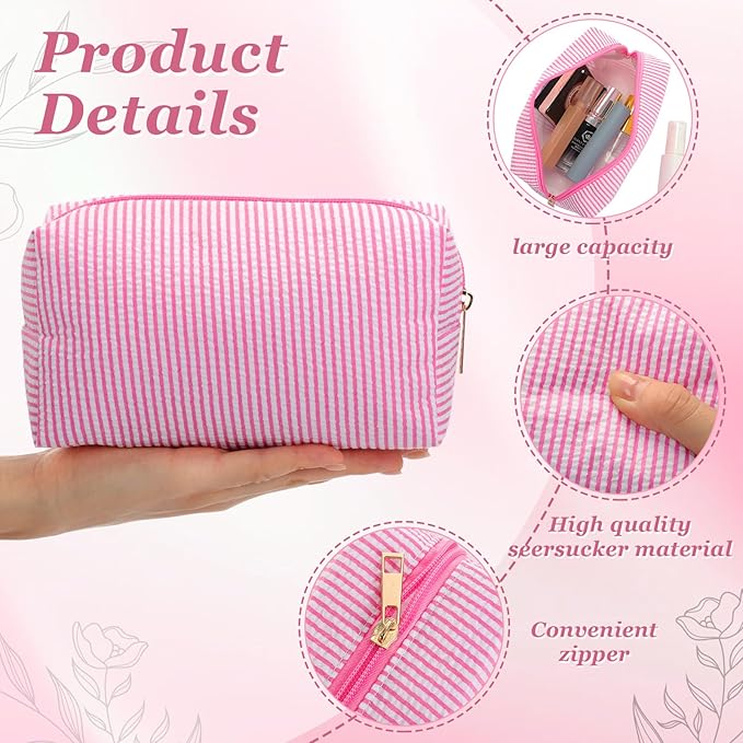 Sanwuta 12 Pcs Seersucker Cosmetic Bags Bulk Seersucker Makeup Bags Stripe Women Pouch Large Preppy Storage Pouch Toiletry Travel Organizer for Wedding Bridesmaid Bride Favor Mom Gift (Pink)
