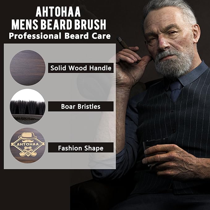 Professional Men's Beard Brush with Boar Bristles - Small Sized Travel Wooden Mustache Brush for Daily Grooming & Styling (Hat)