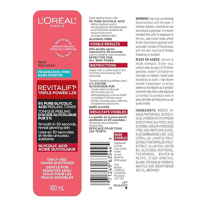 L'Oreal Paris Revitalift 5% Pure Glycolic Acid Peeling Toner with Aloe Vera, Alcohol Free, Fragrance Free 6 fl oz