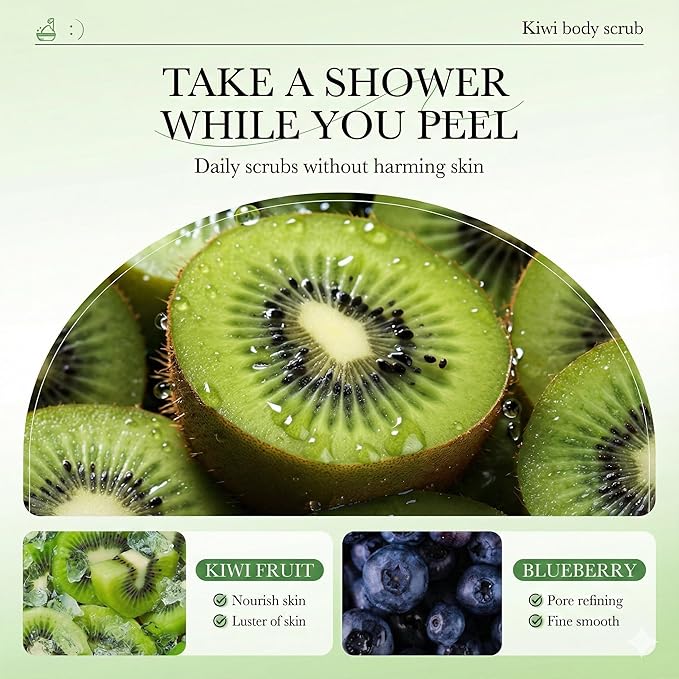 Kiwi Fruit Exfoliating Body Wash - [300ml] Vitamin C Brightening Shower Gel with Natural Seeds - Mild Body Scrub for Strawberry Legs & Rough Skin - Refreshing Scent
