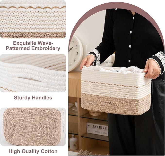4 Pack Storage Baskets for Organizing, 13"X9"X7.87", Decorative Cotton Rope Baskets for Shelves, Small Woven Basket for Toys, Books and Towels, Brown & White