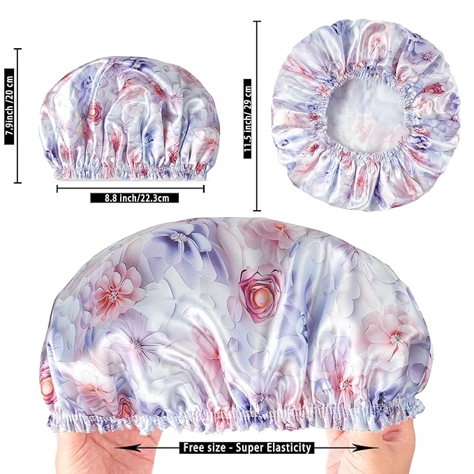 4 PCS Shower Caps for Women, Printing Bath Caps, Double Layers Shower Cap Reusable Waterproof, Bathing Shower Caps, Environmental Protection Hair Bath Hat - Flower