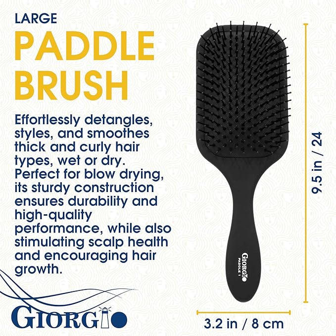 Giorgio Detangling Paddle Brush - Large Air Cushion Paddle Brush with Ball Tip Tourmaline Bristles - Anti Static Hair Care Tool for Men and Women, Wet or Dry - Black