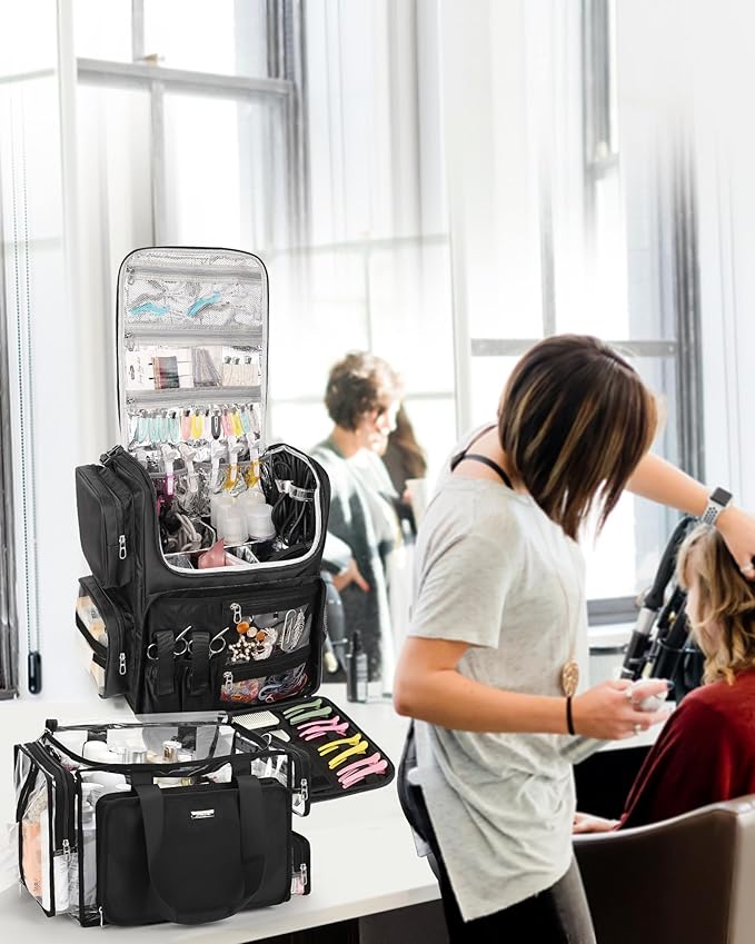 Relavel Hair Tools Travel Bag with Clear Makeup Bag, Hair Stylist BarberBag on Wheels Hairdresser Cosmetology Bag Case with Four 360 Degree Spinner Wheels, Heat Insulation Full Layer for Curling Iron