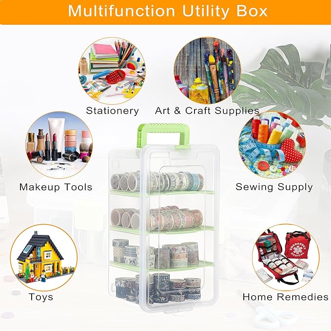 BTSKY Clear Plastic Dividing Storage Box with 4 Deep Compartments Adjustable Storage Bin with Lid Portable Craft Container Multipurpose Sewing Box Art Supply Organizer, 13.9x7.9x6.2 Inches, Green