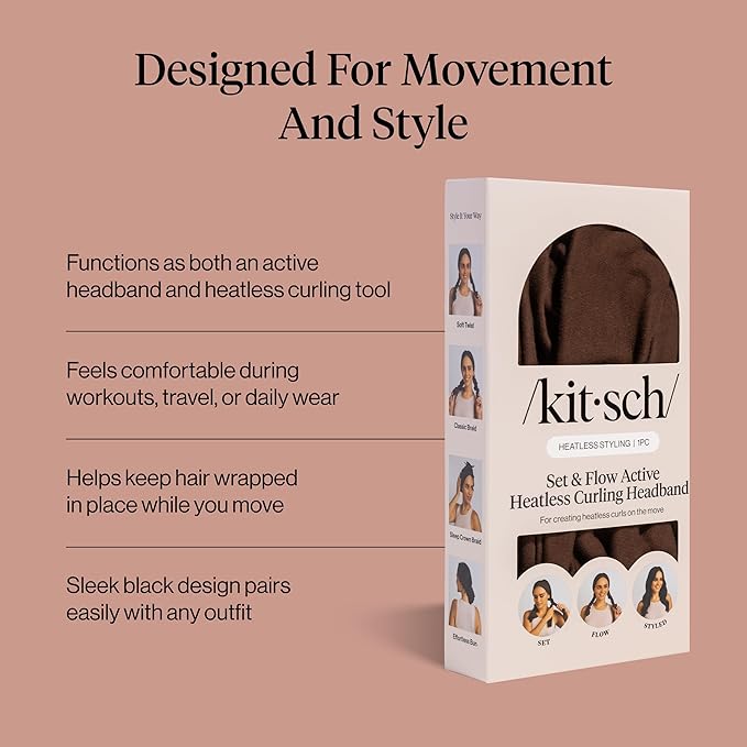Kitsch Set & Flow Active Heatless Curling Headband For Women – Achieves Heatless Curls Overnight, No Heat Damage | Heatless Curlers with Flexible Fit | Great During Gym, Travel - Chocolate Brown, 1pc