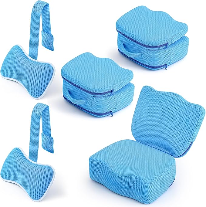 Yerliker 2 Pcs Foldable Hot Tub Booster Seat with Bath Pillow, Inflatable Adjustable Height Spa Cushion with Suction Cups, Weighted Marbles, Extra Thick Bathtub Seat with Back Support