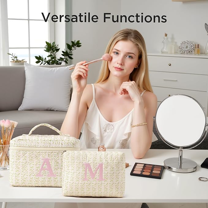 HBselect 2Pcs Initial Quilted Makeup Bag, Pink Cosmetic Travel Toiletry Bag, Flowers Coquette Zipper Make Up Pouch Organizer Teen Girl Gift Trendy Stuff L