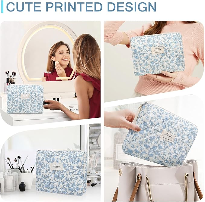 Floral Makeup Bag, Large Cosmetic Bag for Women Girls, Cute Cotton Make up Pouch, Quilted Makeup Bags, Flower Travel Toiletry Organizer Bag(Blue Floral)