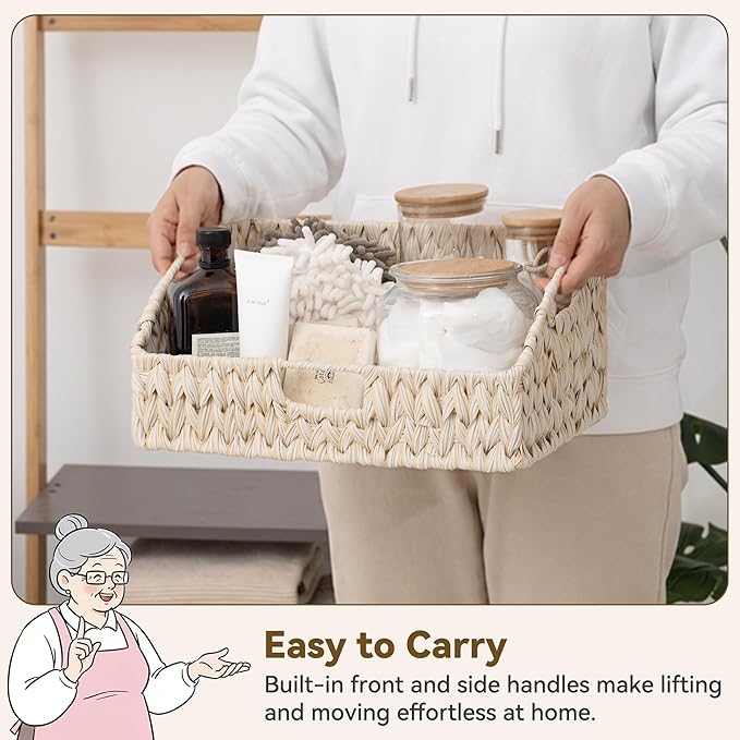 GRANNY SAYS Wicker Storage Baskets for Shelves, Large Wicker Basket with Handles, Trapezoid Woven Baskets for Storage, Decorative Basket for Home Decor, Butter Milk