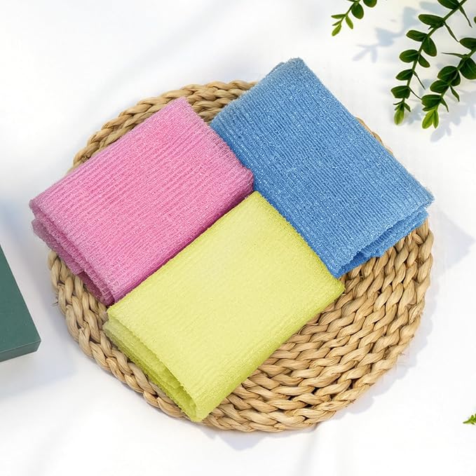 Exfoliating Washcloth, Nylon Bath Towel Body Scrubber with Hanging Strap, Back Scrubber for Shower Japanese Washcloth Loofah - Deep Clean & Rich Lather (Blue & Rose Red & Yellow, Pack of 3)