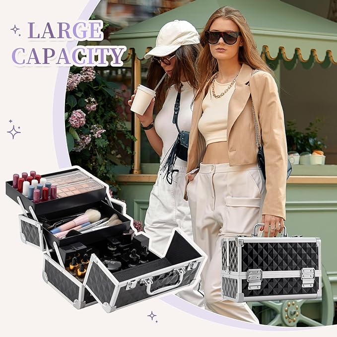Leeora&Leekoo Makeup Train Case Cosmetic Box Portable Makeup Case Organizer 2 Trays Makeup Storage with Mirror for Cosmetologist Aesthetic Supplies Nail Tech Traveling Makeup Box (Watercube)