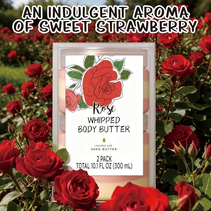 Rose Whipped Body Butter, Shea Body Butter for Women Dry Skin, Natural Rose Lotion for Body Moisturizer-Deep Moisturizing and Softening-3.4 floz+6.8 floz(100ml+200ml)