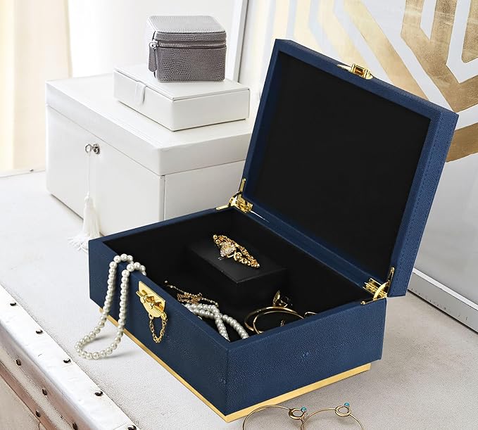 HofferRuffer Elegant Faux Leather Decorative Box, Storage Jewelry Box Organizer, Large Dresser Cosmetic Organizer Holder, Classic Jewelry Accessory Organizer, 11x8x4.8 inches (Blue)