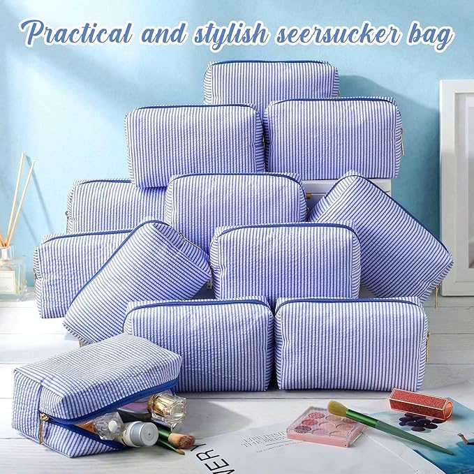 Sanwuta 12 Pcs Seersucker Cosmetic Bags Bulk Seersucker Makeup Bags Stripe Women Pouch Large Preppy Storage Pouch Toiletry Travel Organizer for Wedding Bridesmaid Bride Favor Mom Gift (Blue)