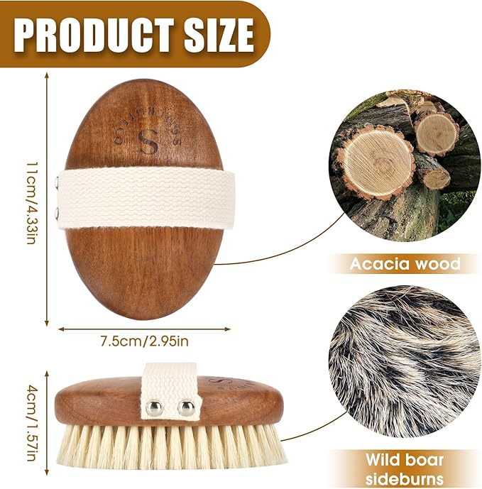 SAMEBUTECOBody Brush Solid Acacia Wood Boar Bristles Bath Brush for Skin Exfoliation,Lymphatic Drainage Improvement Oval Shape Dry Brush Comfort to Hold Works