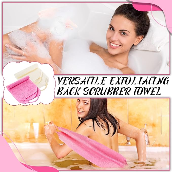 Back Scrubber for Shower Exfoliating Washcloth Back Cloth Body Extended Length Scrubber Towel Nylon Exfoliating Stretchable Pull Strap Wash Cloth for Bath Body Scrub Washcloth 2 Pack (Pink,White)