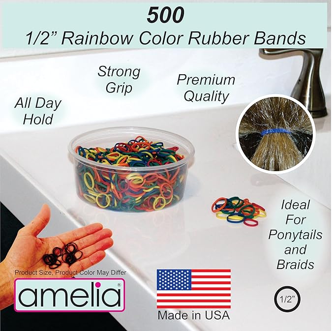 Amelia Beauty 500 Count Small Rubber Bands for Hair – ½" Rainbow Mix - Made in USA - Recloseable Container - Mini Hair Elastics for Braids, Ponytails, Cornrows & Twists – Strong Hold Ponytail Holders