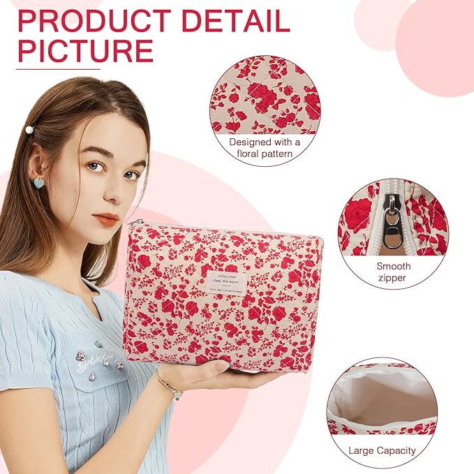 2PC Makeup Bag Set, Cute Cosmetic Bag for Women Girls, Floral Coquette Aesthetic Toiletry Bag, Travel Make Up Organizer Bag (Beverly)