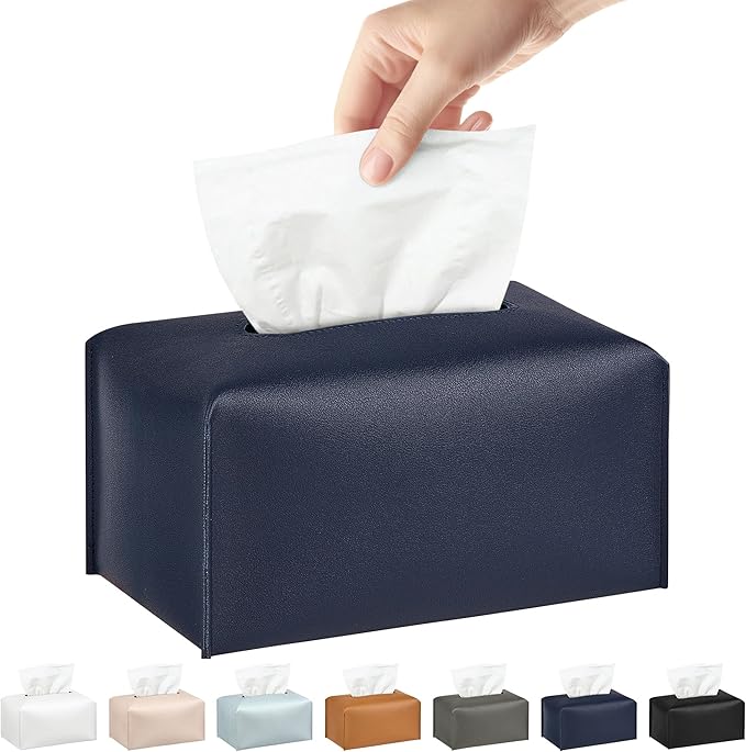 Long Tissue Box Cover, PU Leather Tissue Holder Rectangle, Facial Paper Organizer, Modern Dispenser for Bathroom, Kitchen, Home, Office, Tabletop (1, Deep Blue, Tall)
