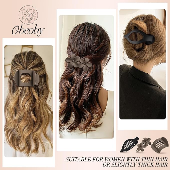 Obeoby 8 Pcs Flat Hair Clips for Women, 4 Types French Flat Claw Clips Hair Accessories Barrettes Flowers Duckbill Large Medium Stocking Stuffers Christmas Gifts (Coffee, Black)