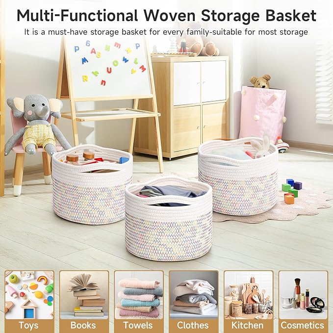 Small Rope Baskets for Storage, Baskets for Gifts Empty, Cute Round Woven Basket, Decorative Shelf Baskets 9.82×9.82×7.1", Cotton Toy Basket Storage Bins for Organizer 3 Packs-Rainbow