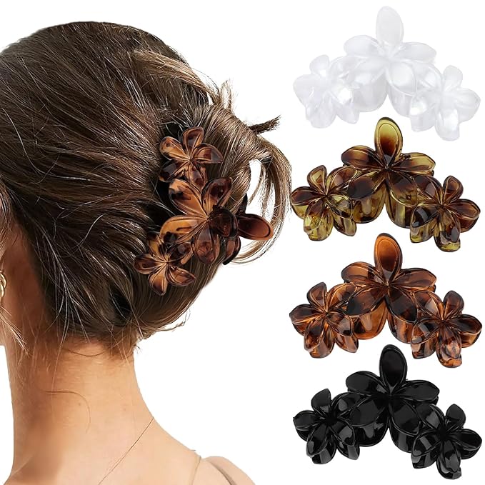 Flower Hair Clips, Tortoiseshell Brown Clear Black, Plastic, 4.5 inch, Hair Accessories Set