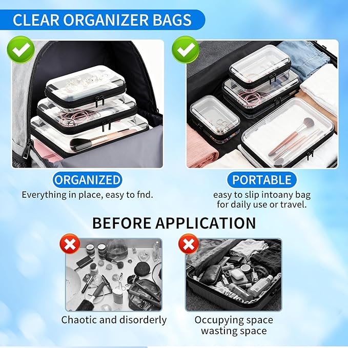 Clear PET Plastic Storage Boxes with Double Zippers, 4 Sizes (S/M/L/XL) Waterproof Organizer Cases for Toys, Cosmetics, Snacks, Travel Essentials (Black)