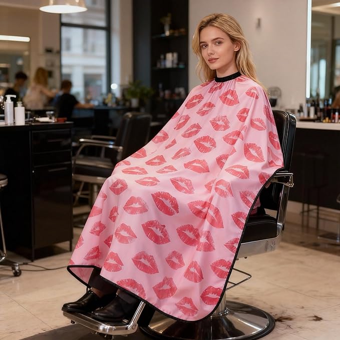 Salon Cape for Women,Adjustable Hair Cutting Cape,Professional Large Barber Stylist Hairdresser Cape,Waterproof & Light Weight & Machine Washable- 63”× 56” (Big Red Lips)